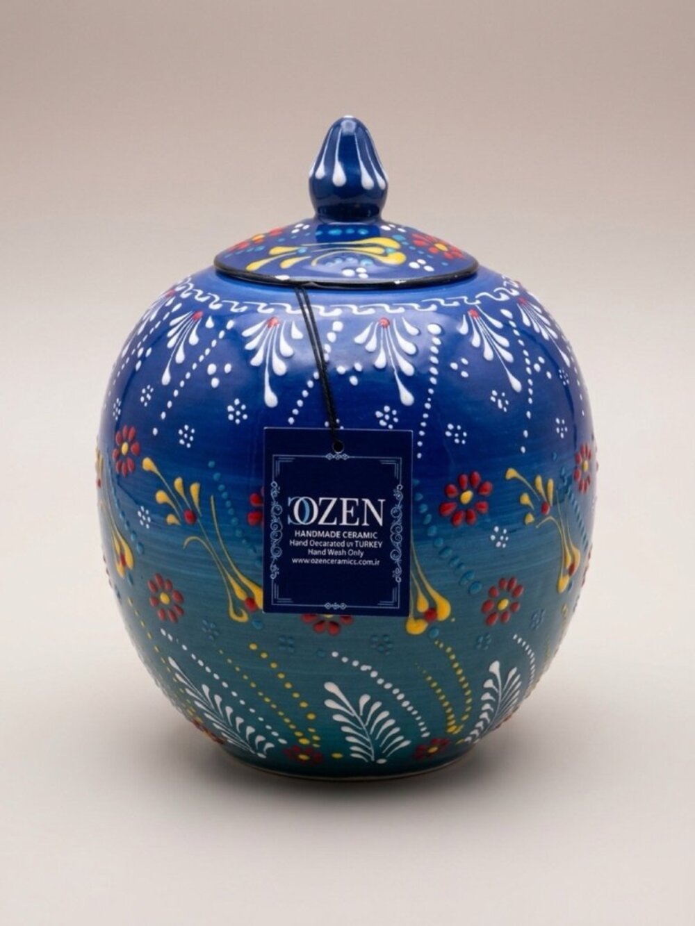 Ozen Turkish Handmade Ceramic Lidded Jar — Cobalt Blue Floral, 7 in